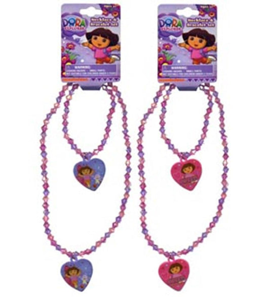 Dora-themed girls’ necklace and bracelet sets with heart-shaped pendants and pink and purple beaded chains.
