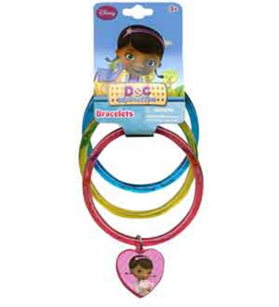 Three glittery plastic bangles in pink, blue, and yellow, featuring a pink heart charm with a Doc McStuffins character.