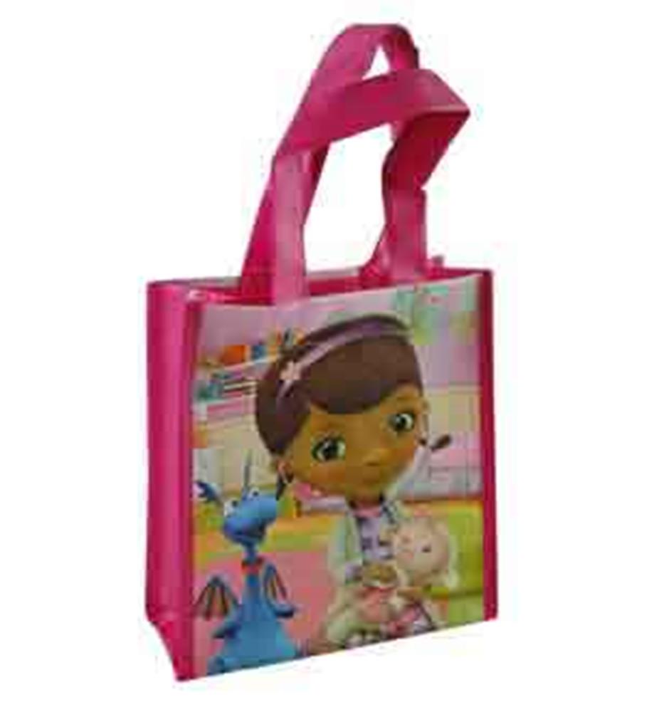 Pink non-woven tote bag with Doc McStuffins and friends graphic, featuring sturdy handles.