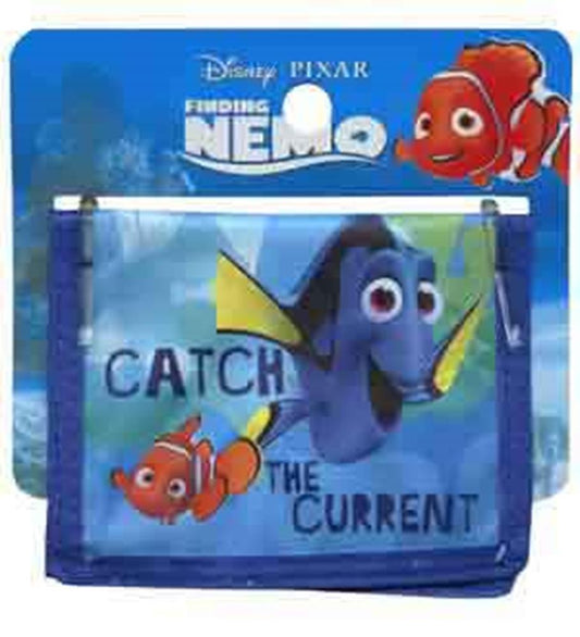 Blue non-woven wallet featuring Finding Nemo characters Nemo and Dory with "Catch the Current" text.