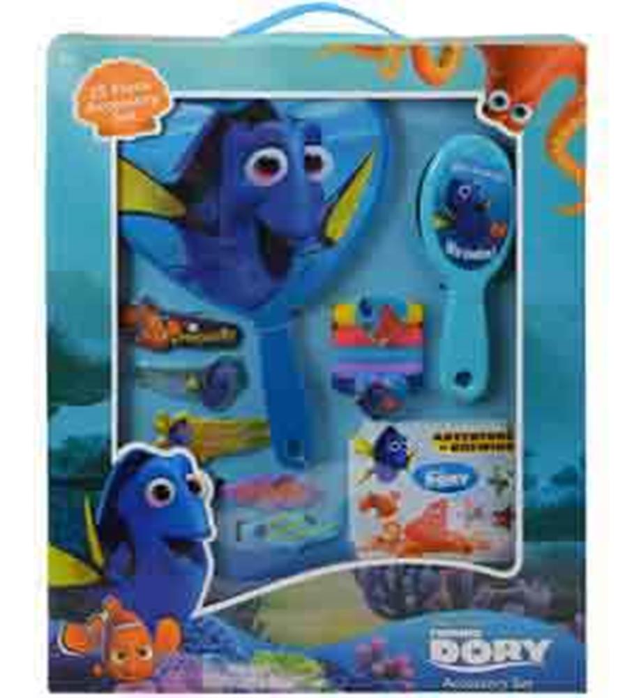 Finding Dory hair accessory set with blue paddle brush, comb, and clips featuring colorful ocean-themed designs.