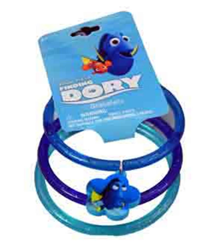 Set of three blue bangle bracelets, one featuring a small 3D Finding Dory charm with yellow fins and blue body.