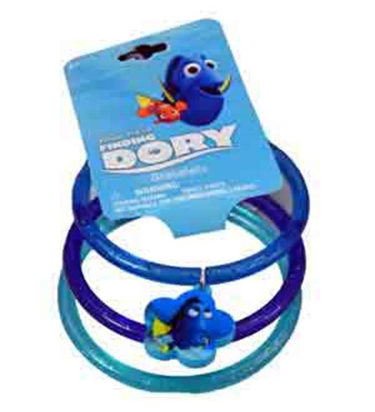 Set of three blue bangle bracelets, one featuring a small 3D Finding Dory charm with yellow fins and blue body.