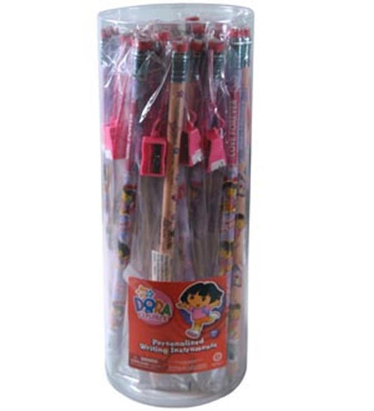 Clear cylindrical container filled with large wooden Dora the Explorer pencils featuring pink erasers and decorative cartoon