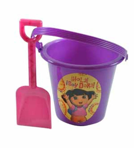 Purple plastic bucket with Dora the Explorer graphic and pink plastic shovel with rounded handle.