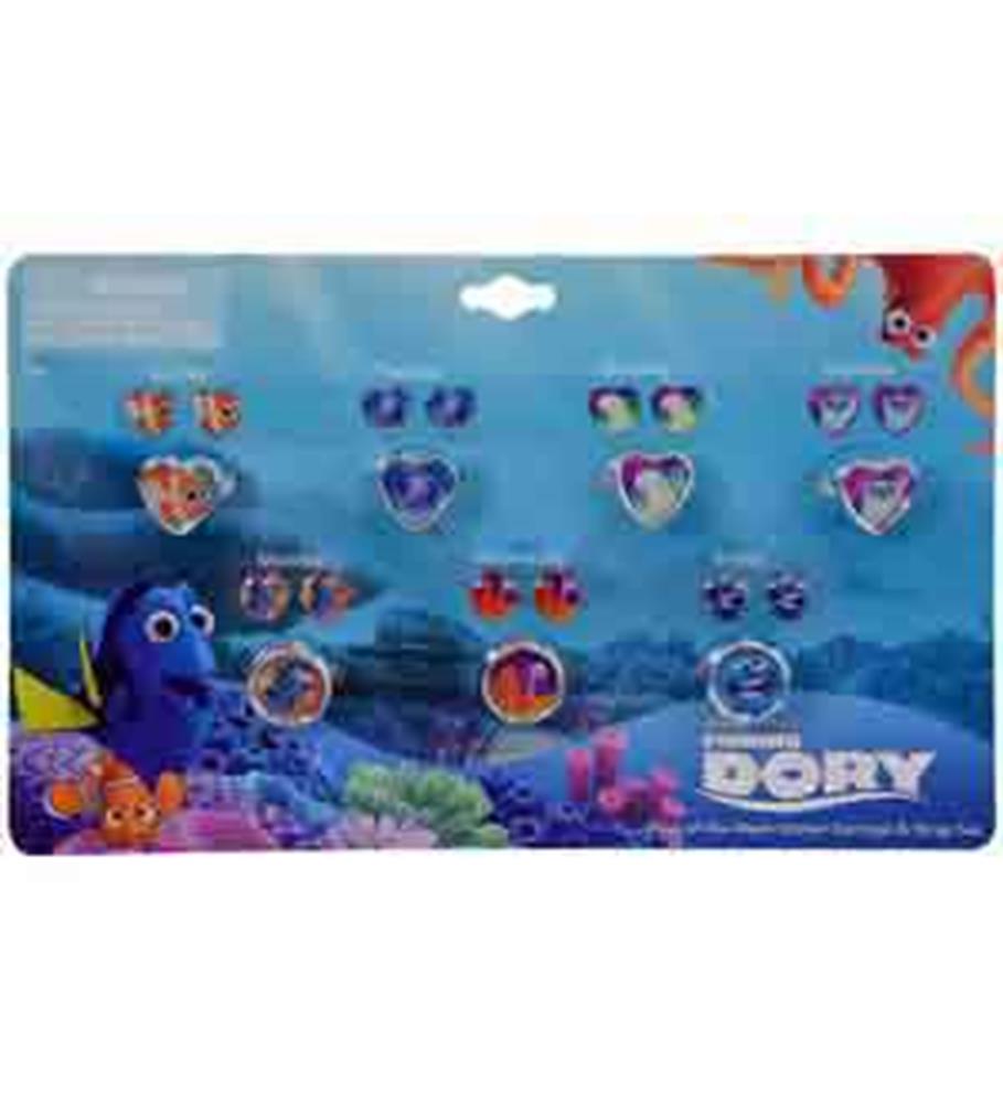 Assorted colorful Finding Dory-themed kid's earrings and rings featuring characters like Dory and clownfish on a blue ocean.