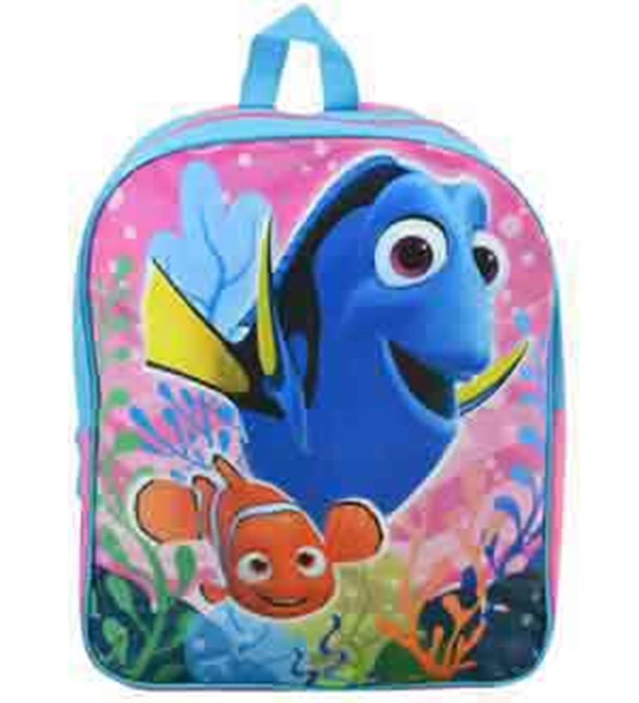 15in colorful Finding Dory kids backpack with blue handle and animated characters on front.