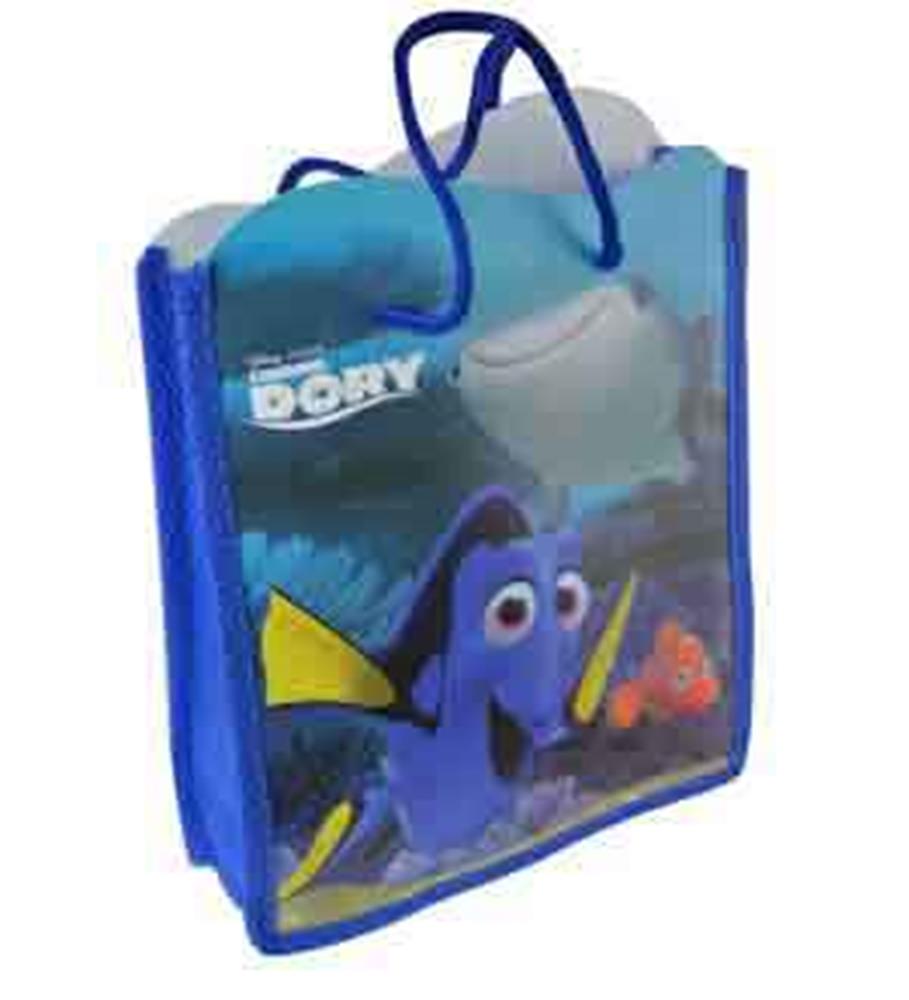 Blue mini tote bag with Finding Dory print, featuring Dory, Nemo, and a stingray, with blue rope handles.