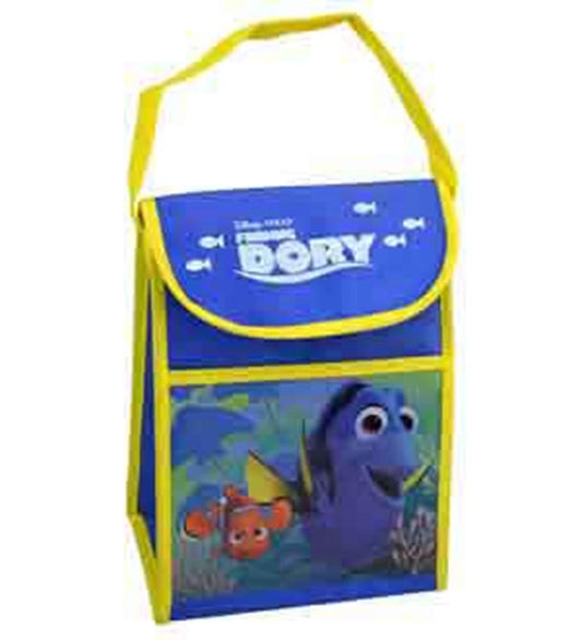 Blue and yellow non-woven lunch bag featuring Finding Dory and Nemo characters with a yellow handle and front flap closure.