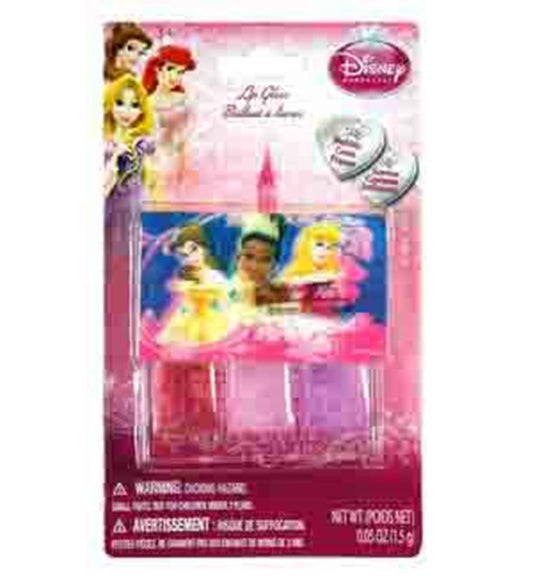 Pink rectangular compact featuring Disney princesses Ariel, Cinderella, Tiana, and Aurora with three lip gloss tubes inside.
