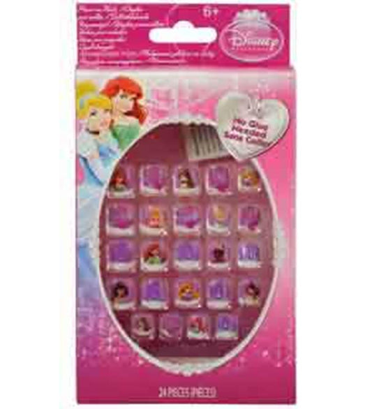 20pc Disney Princess-themed press-on nails with colorful designs on a pink glittery card.