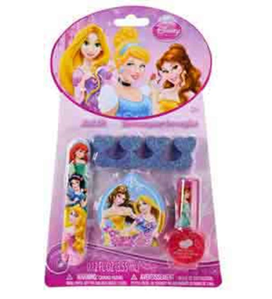 Disney Princess-themed nail kit with nail polish, toe separators, and nail files on pink packaging featuring Rapunzel,.