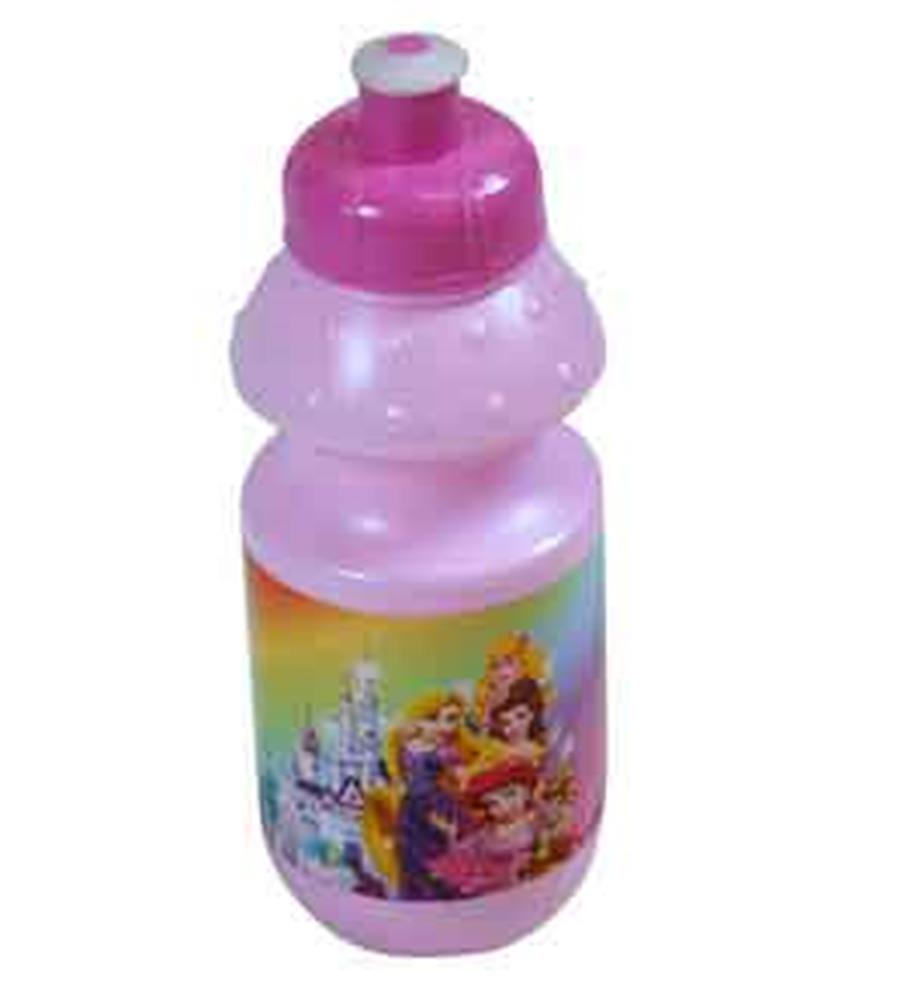Pink plastic water bottle with pink flip-top lid and Disney princesses and castle graphic on front.
