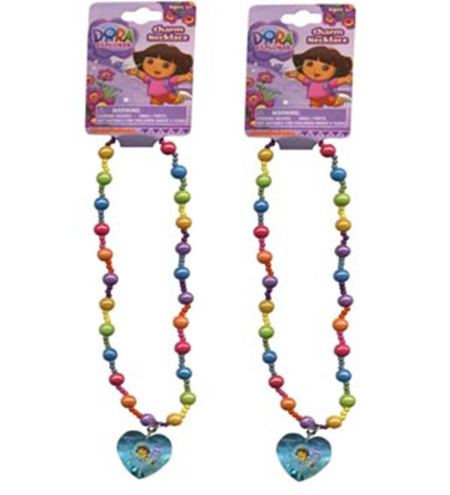 Colorful beaded necklace with rainbow round beads and a blue heart-shaped pendant featuring Dora the Explorer design.
