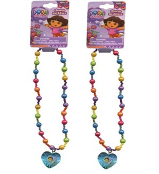 Colorful beaded necklace with rainbow round beads and a blue heart-shaped pendant featuring Dora the Explorer design.