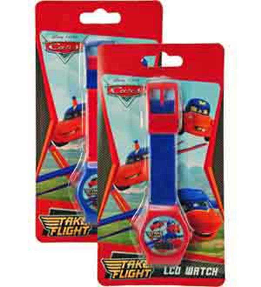 Kids digital watch with blue and red adjustable strap, Disney Planes design on face, packaged with Cars-themed backing card.