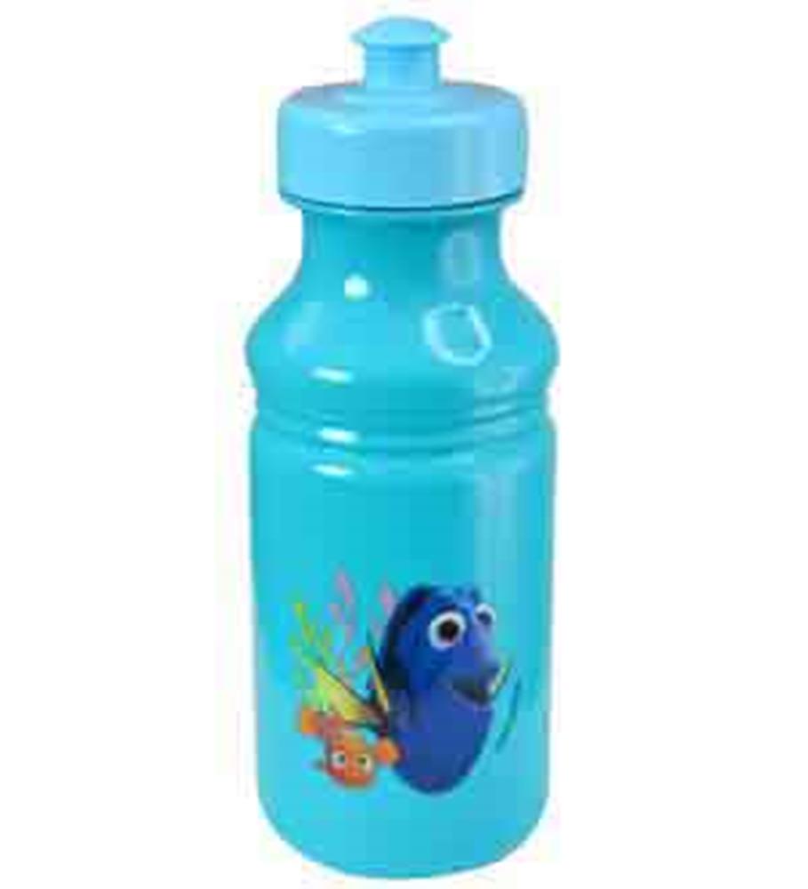 Light blue plastic water bottle with pop-up lid featuring Finding Dory and Nemo characters.
