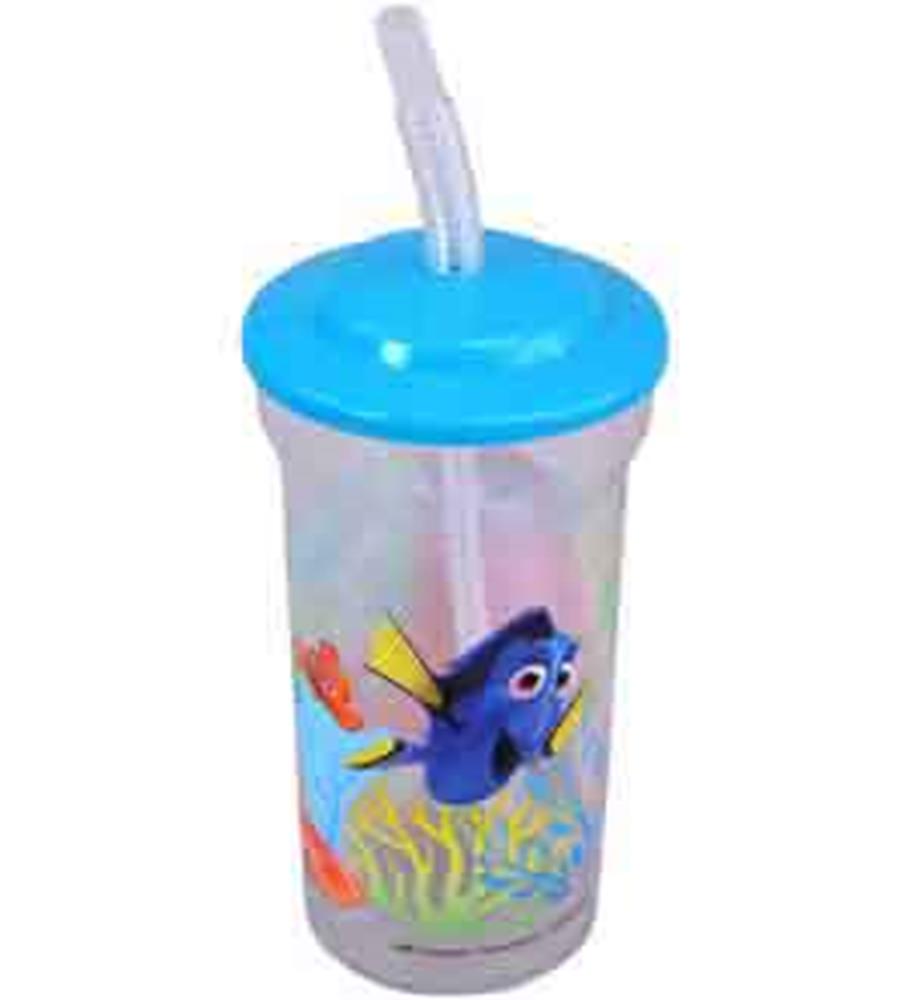 16oz clear plastic sports tumbler with blue lid, bendable straw, and Finding Dory design.