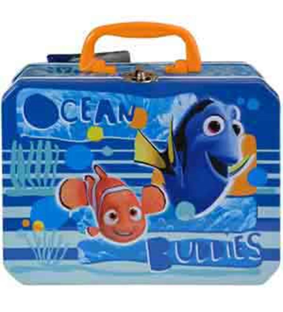 Rectangular blue metal tin box with orange handle, featuring Finding Dory and Nemo characters and ocean-themed graphics.
