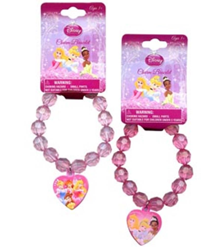 Pink beaded bracelet with heart-shaped Disney princess charm, packaged on purple card.