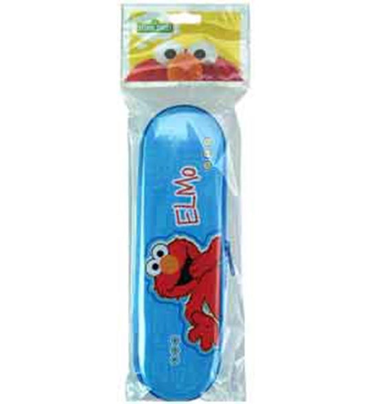 Blue tin zipper pencil case featuring Elmo from Sesame Street with red fur and orange nose design.