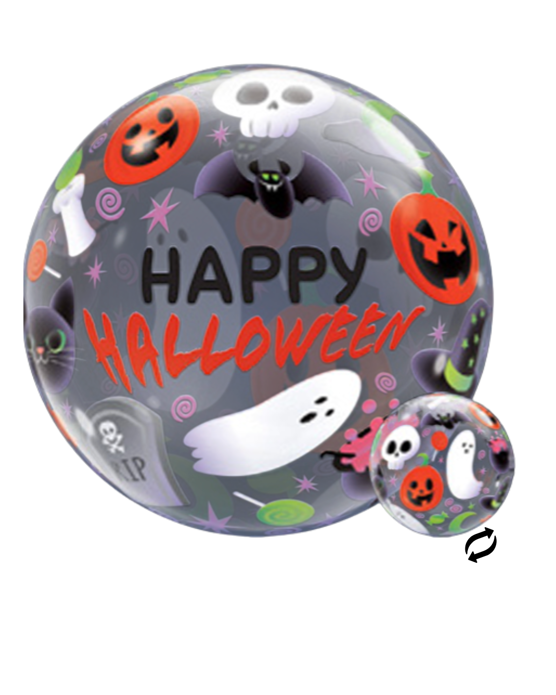 22-inch round transparent bubble balloon with Halloween graphics including jack-o'-lanterns, skulls, bats, ghosts, and.