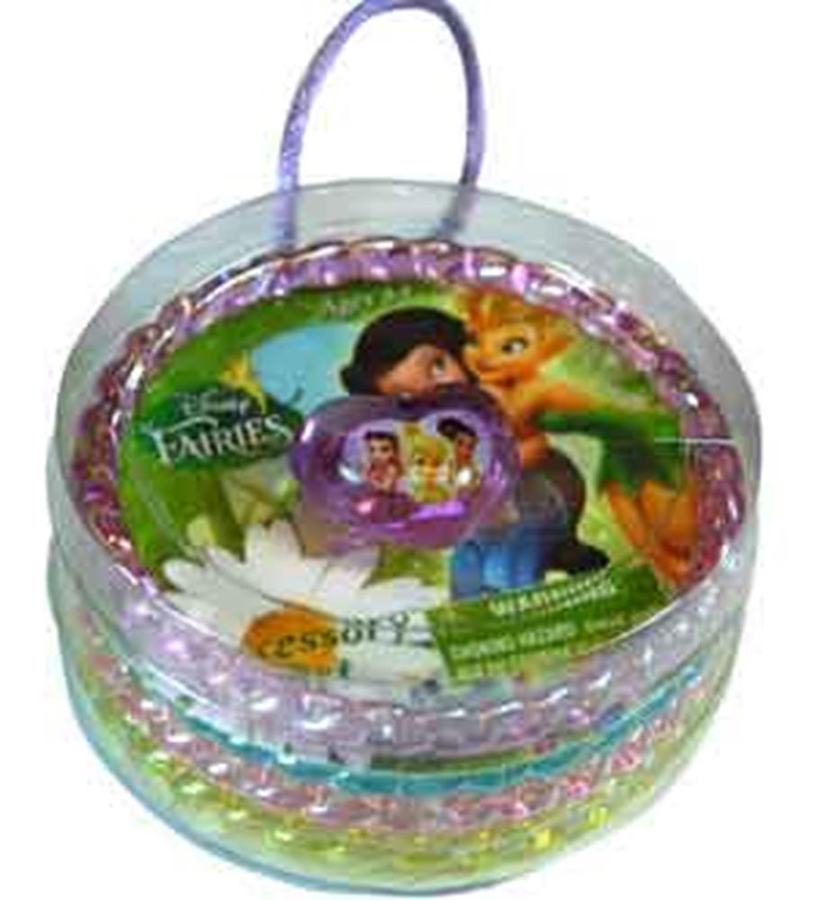 Set of four translucent plastic bangles and one ring in pastel pink, purple, blue, and green, featuring Disney Fairies theme
