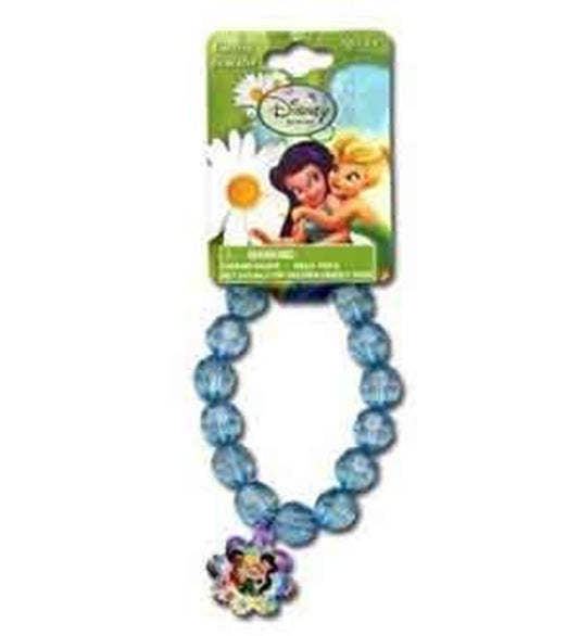 Blue faceted round bead bracelet with a colorful Tinkerbell charm attached.