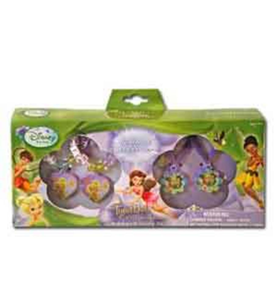 Green and purple clover-shaped jewelry set featuring colorful Tinkerbell and fairy charms in a decorative Disney-themed box.