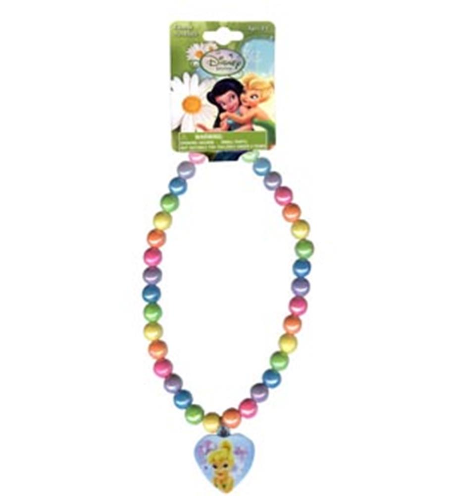 Colorful round beads rainbow necklace with a heart-shaped Tinkelbell charm pendant.