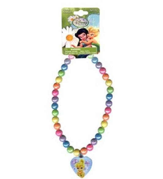 Colorful round beads rainbow necklace with a heart-shaped Tinkelbell charm pendant.