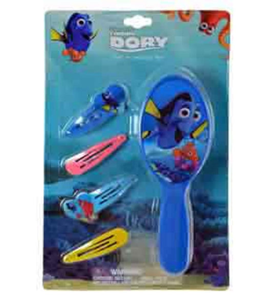 Blue plastic hairbrush with Finding Dory design and four colorful snap hair clips in blue, pink, light blue, and yellow.