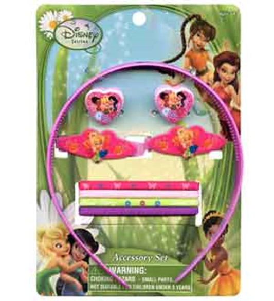 Pink plastic Tinkerbell-themed headband, two pink Tinkerbell hair clips, two heart-shaped Minnie Mouse earrings, and four.