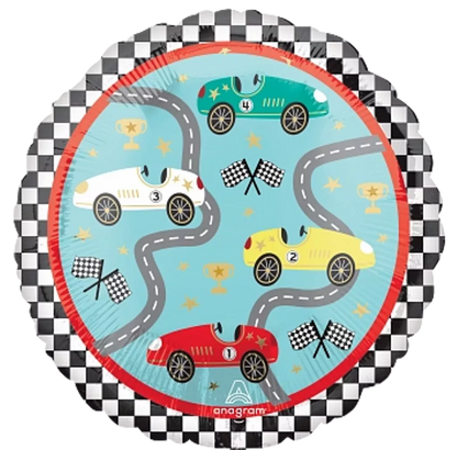 Anagram Race Cars Round 17 inch Foil Balloon 1ct