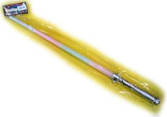 29-inch sword with a multicolor blade and silver handle on a yellow background.