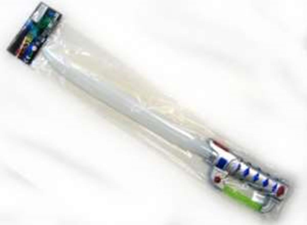 Silver toy sword with blue accents and button features, packaged in clear plastic wrap.