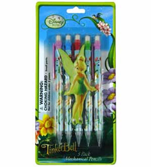 Set of five colorful mechanical pencils featuring Tinkerbell and floral designs on the barrels with pink erasers.