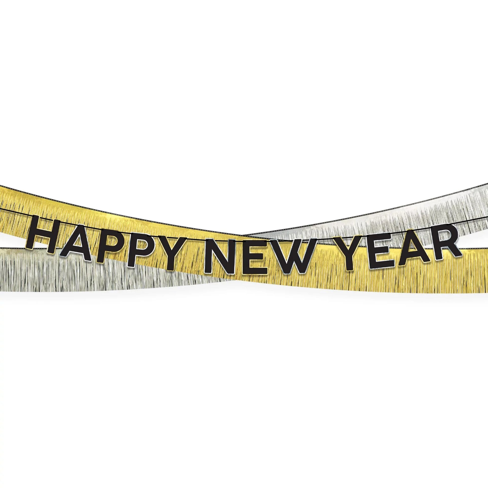 Three-piece tinsel garland banner with gold, silver, and black "Happy New Year" letters.