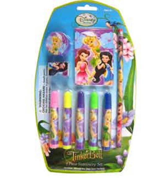 Tinkerbell-themed stationery set with five colorful markers, eraser, sharpener, and sticker sheet in vibrant pink and purple