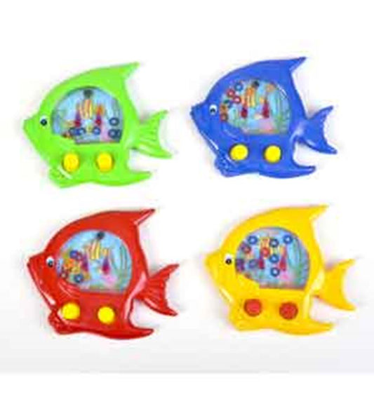Colorful plastic fish-shaped water games in green, blue, red, and yellow with two yellow buttons each and floating rings.