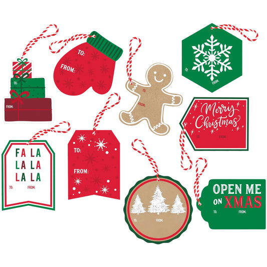 Set of 60 colorful Christmas gift tags featuring festive shapes like mitten, gingerbread man, presents, and holiday messages
