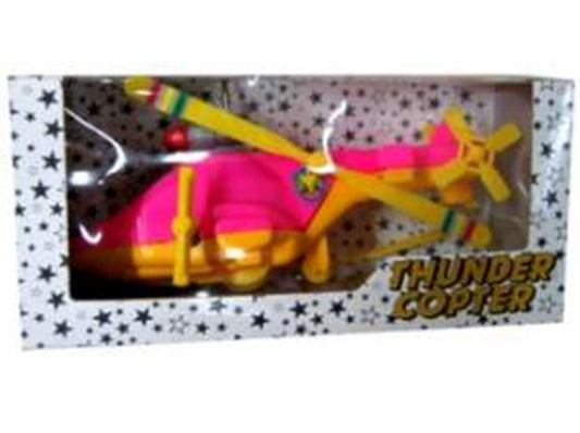 Yellow and pink toy helicopter with spinning rotors inside a star-patterned white display box labeled Thunder Copter.