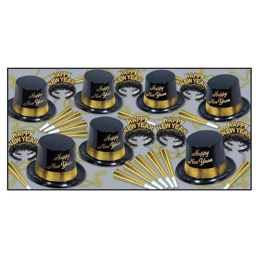 Black top hats with gold "Happy New Year" lettering, gold and silver party blowers, and black glasses with gold "Happy New.