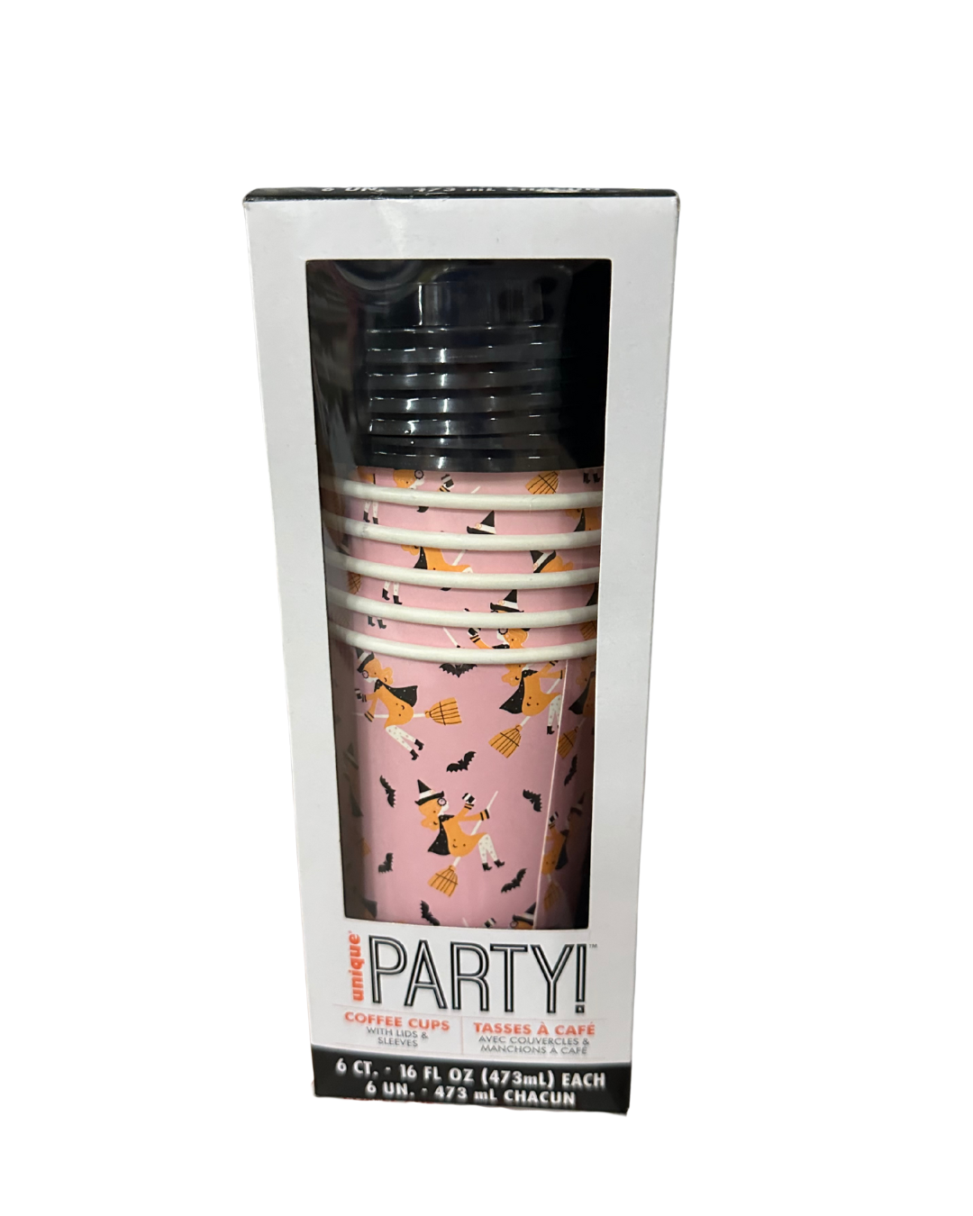 Stack of six pink 16oz paper coffee cups with black lids, decorated with black and orange Halloween confetti patterns in.