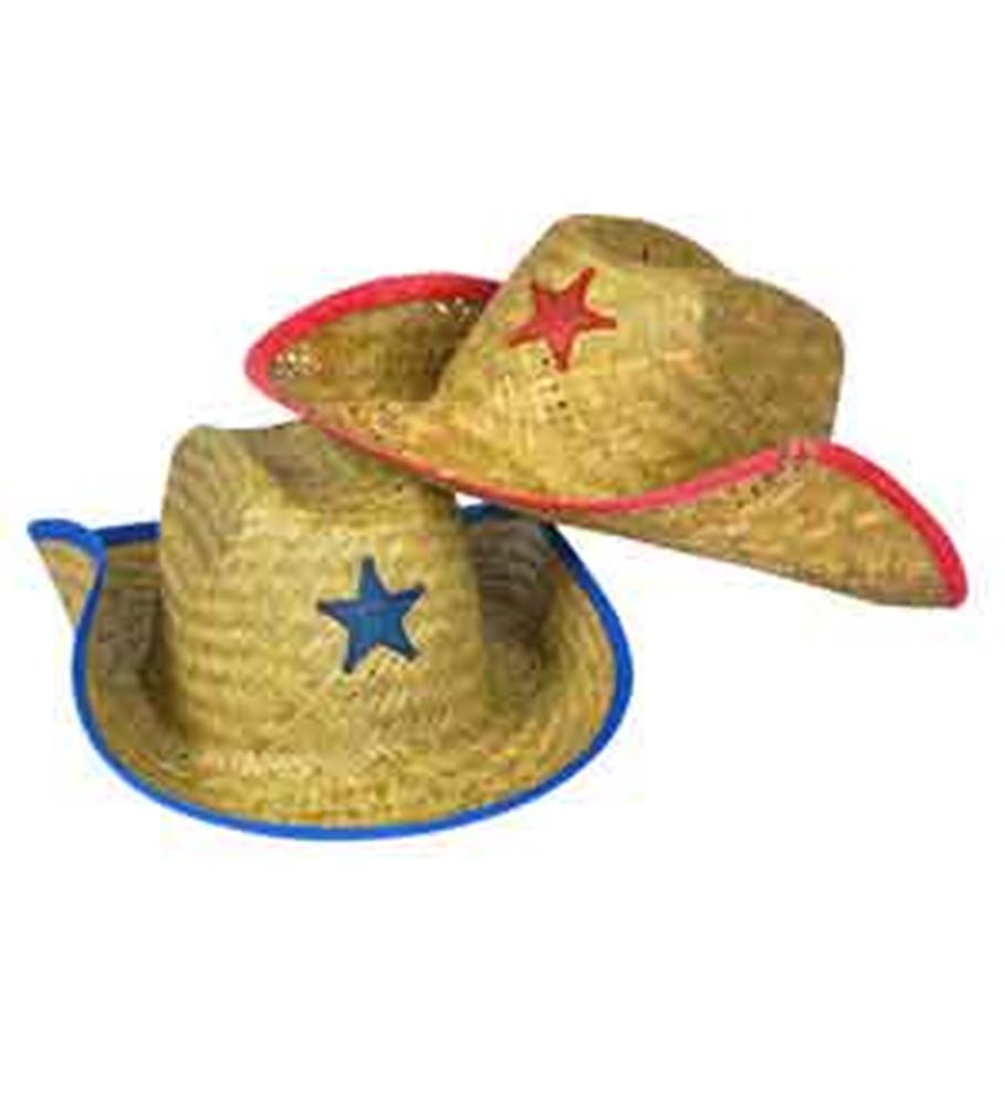 Two straw sheriff hats for kids, one with a red star and trim, the other with a blue star and trim.