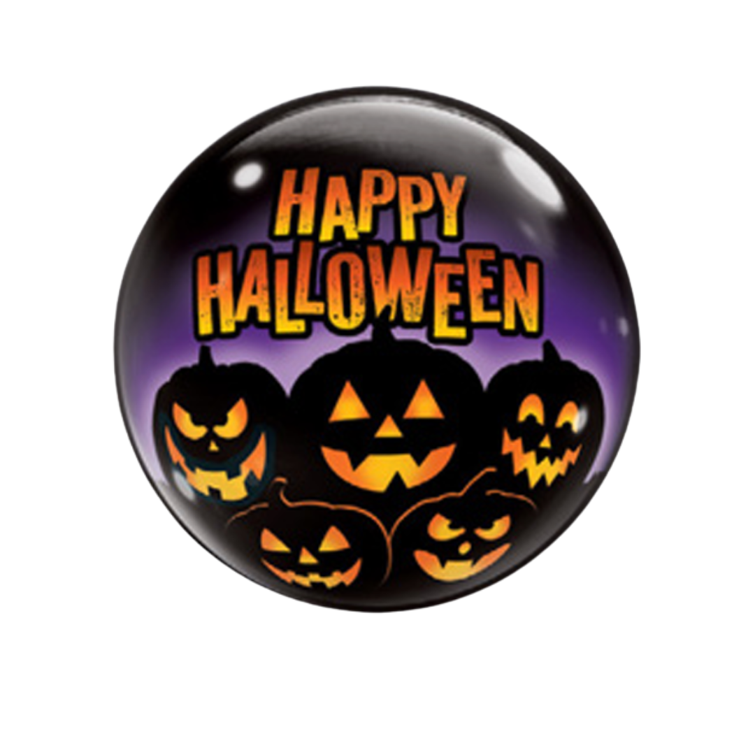22-inch round bubble balloon with black and purple gradient, featuring glowing orange jack-o'-lantern faces and "Happy.