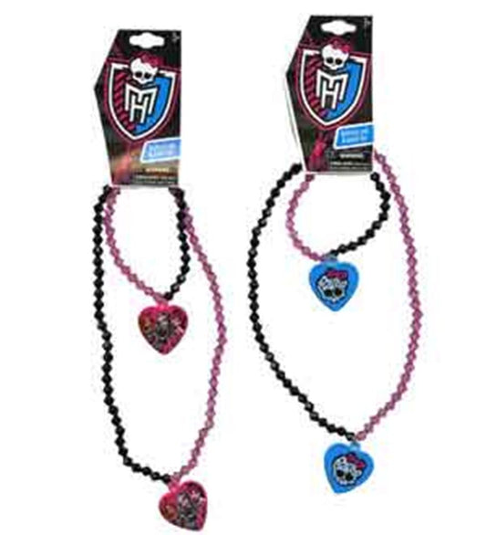 Monster High necklace and bracelet set with black and pink beads, heart-shaped pendants featuring character designs.