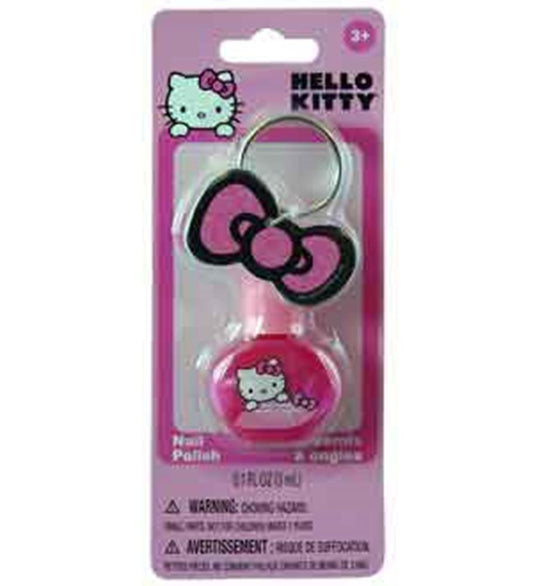 Pink Hello Kitty nail polish bottle with matching pink nail file shaped like Hello Kitty's bow on purple packaging.
