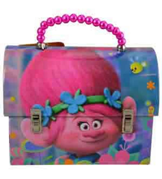 Small rectangular handbag with pink beaded handle, featuring a smiling pink Troll character with blue flowers on blue.