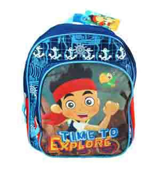 Blue 11-inch kids backpack featuring Jake from Neverland with "Time to Explore" text and nautical-themed accents.